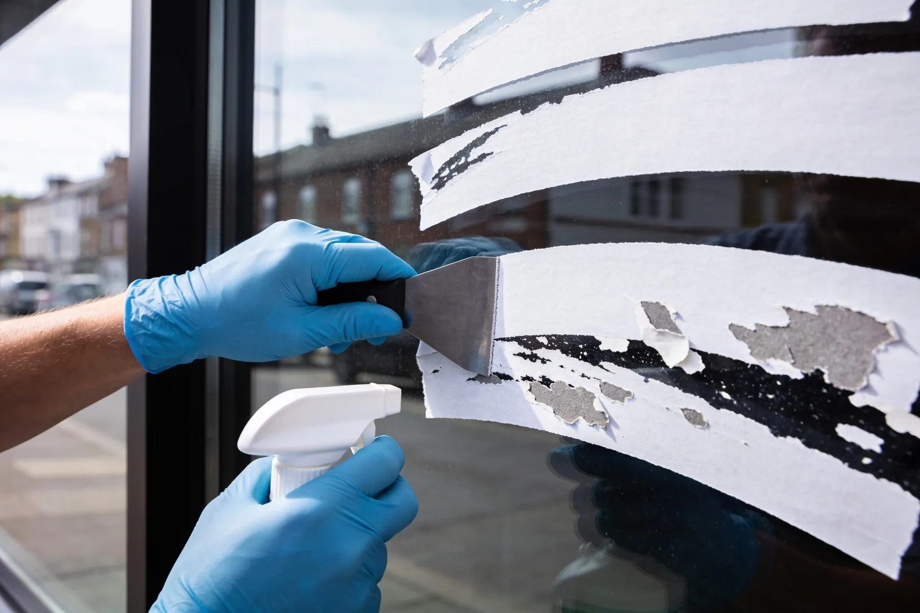 Two gloved hands removing strips of vinyl and glue residue from a shop window with a glass scraper and a spray bottle; half the pane already clean